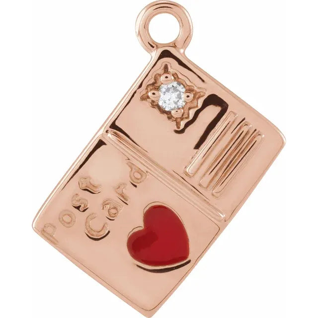 Natural Diamond Red Heart Enamel Postcard Dangle