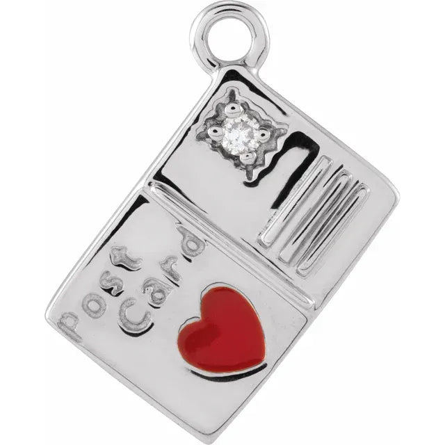 Natural Diamond Red Heart Enamel Postcard Dangle