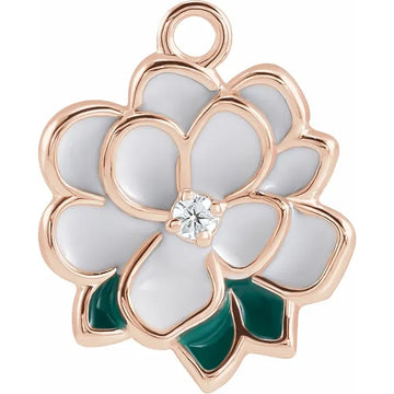 Natural Diamond White & Green Enamel Magnolia Dangle