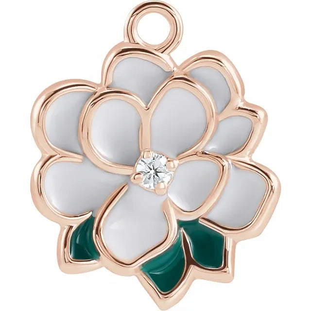 Natural Diamond White & Green Enamel Magnolia Dangle