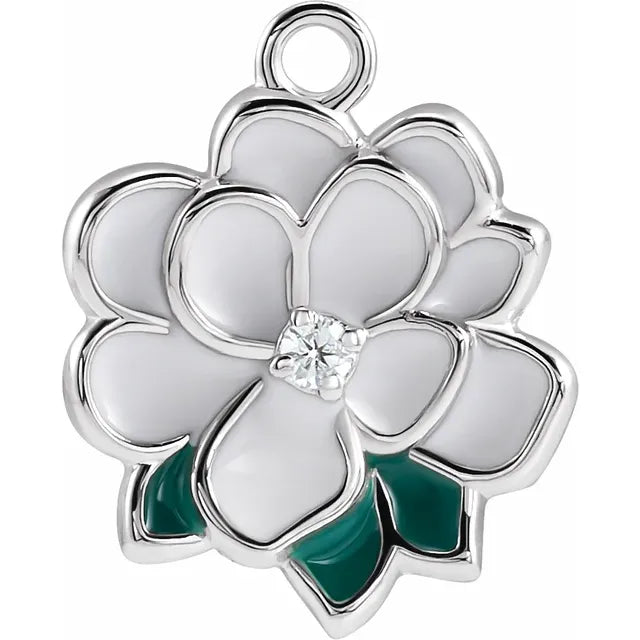 Natural Diamond White & Green Enamel Magnolia Dangle