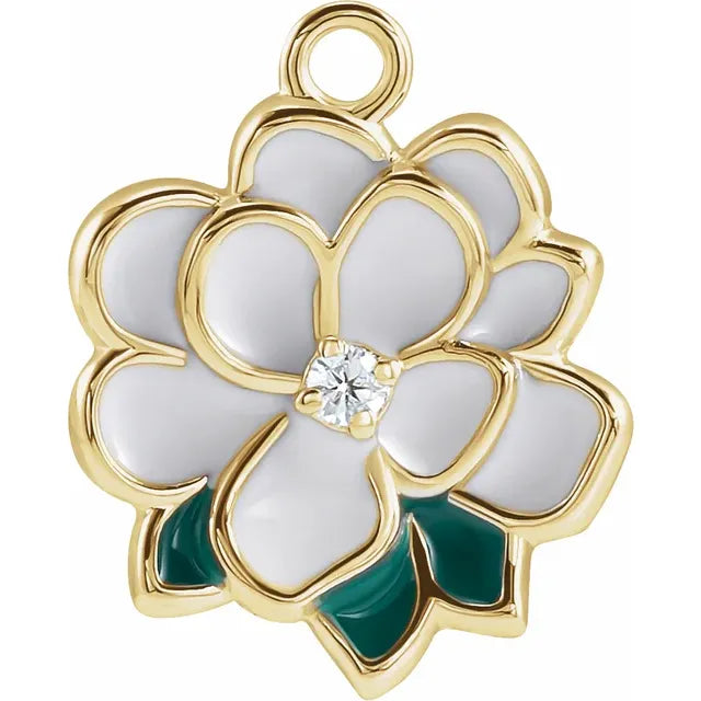 Natural Diamond White & Green Enamel Magnolia Dangle